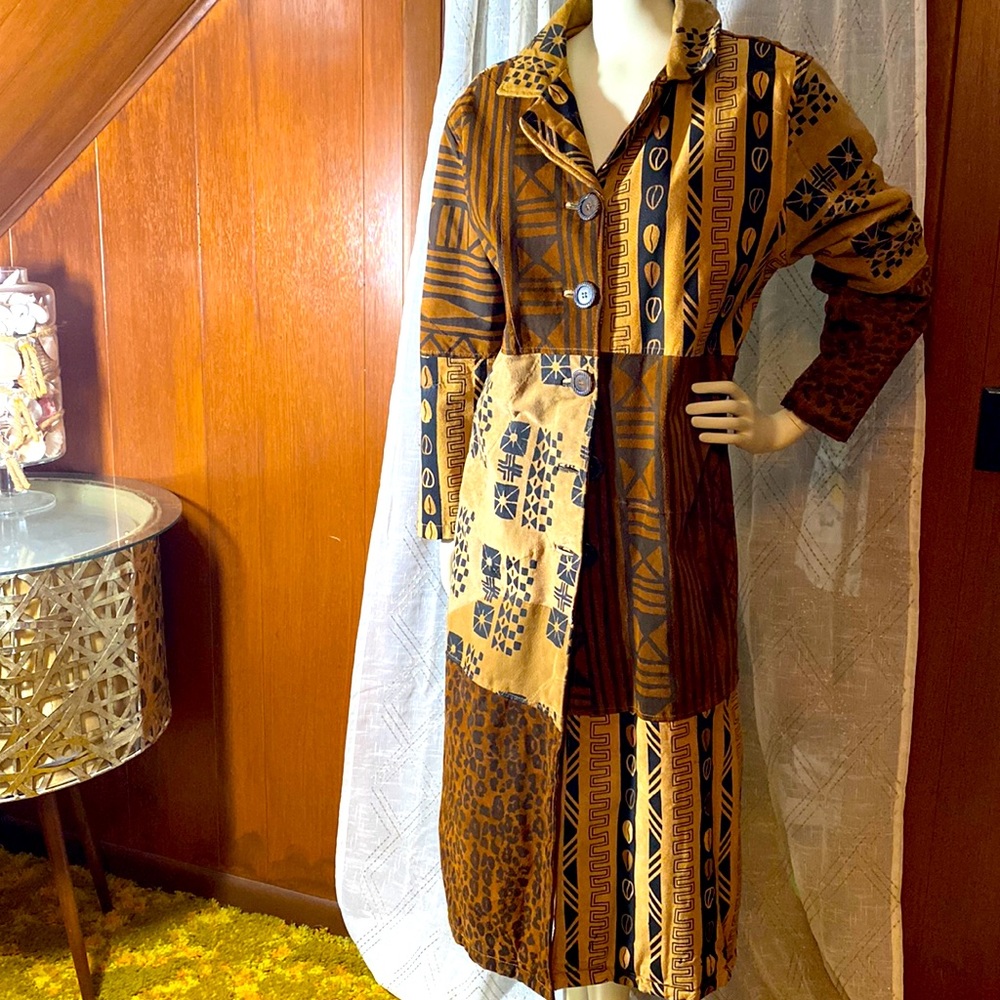 Vintage mudcloth printed suede duster leather coat